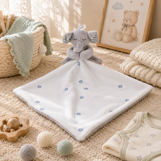 Gray elephant plush toy on a white blanket with baby items around in a cozy room.
