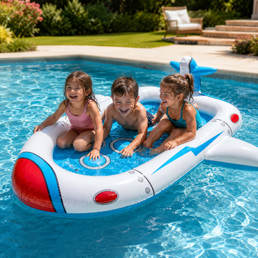 Three children sitting happily in a blue inflatable pool float shaped like a spaceship, in a backyard swimming pool with a patio and garden in the background.