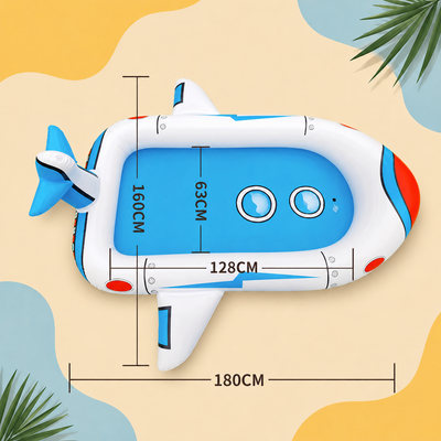 A blue and white inflatable pool float shaped like a small airplane, shown with dimension lines and measurements (160CM length, 63CM depth, 128CM width, 180CM overall) 