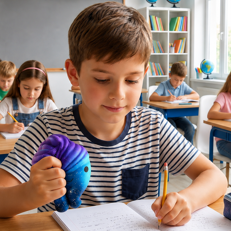 Young boy in a classroom holding a purple squishy toy and writing with a pencil.