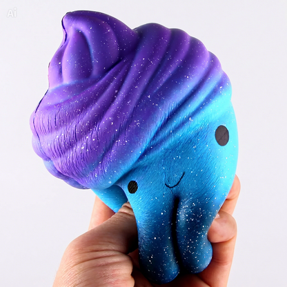Purple and blue squishy toy held in a hand against a white background