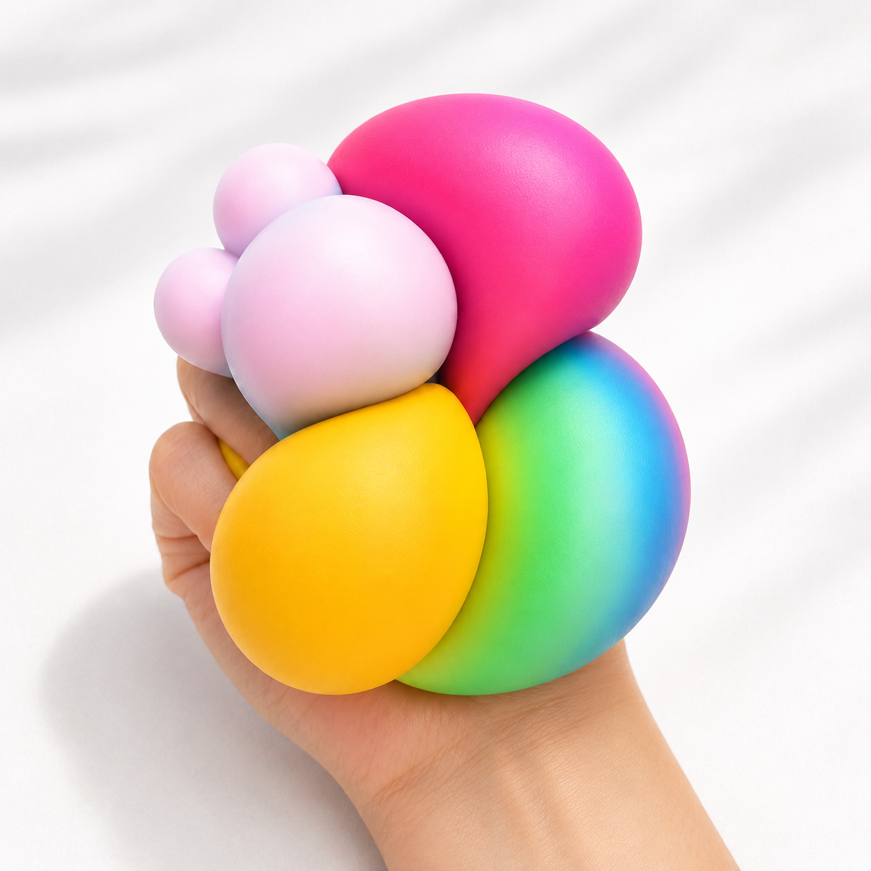 Colorful stress ball held in a hand against a white background