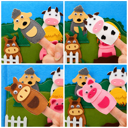 Set of farm animal finger puppets on a colorful felt soft  book background