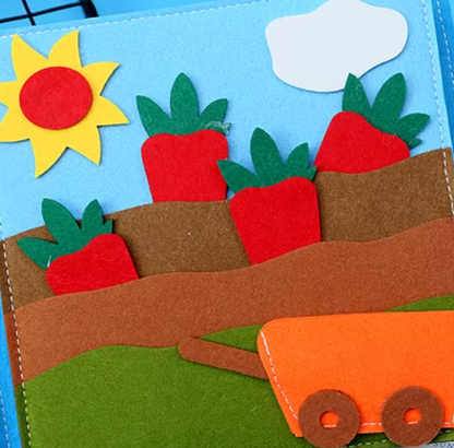 FarmBook vegetable garden page with pull-out felt carrots fine motor pincer grip harvest activity toddler