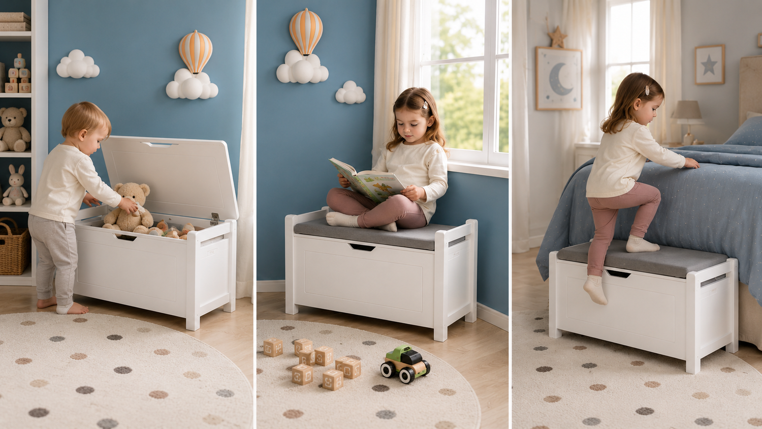 Toy Box with Cushioned Bench Seat & Safety Lid | White MDF Children's Storage Chest with Side Handles | Nursery Playroom Organizer -5