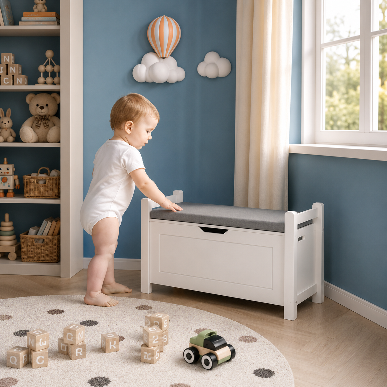 Toy Box with Cushioned Bench Seat & Safety Lid | White MDF Children's Storage Chest with Side Handles | Nursery Playroom Organizer -5