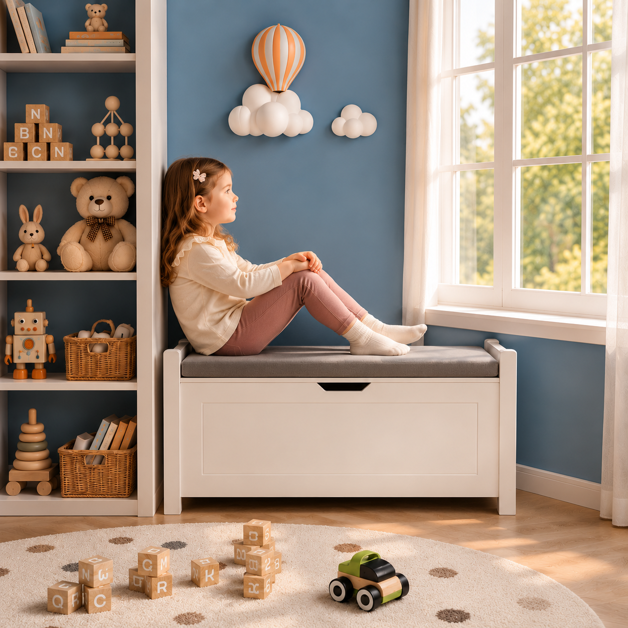 Toy Box with Cushioned Bench Seat & Safety Lid | White MDF Children's Storage Chest with Side Handles | Nursery Playroom Organizer -7