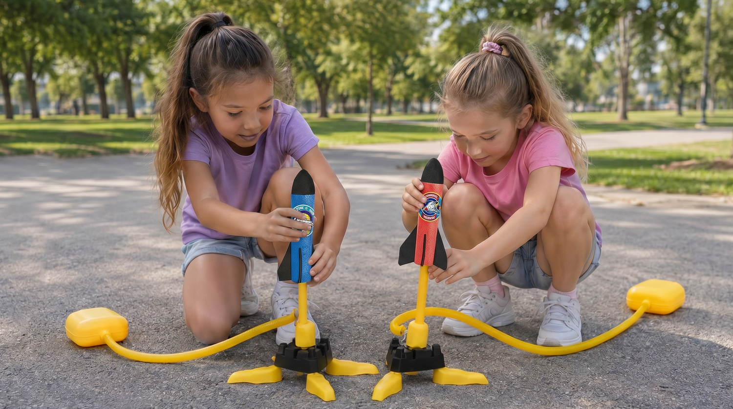 Two young girls playing with toy rocket launcher
