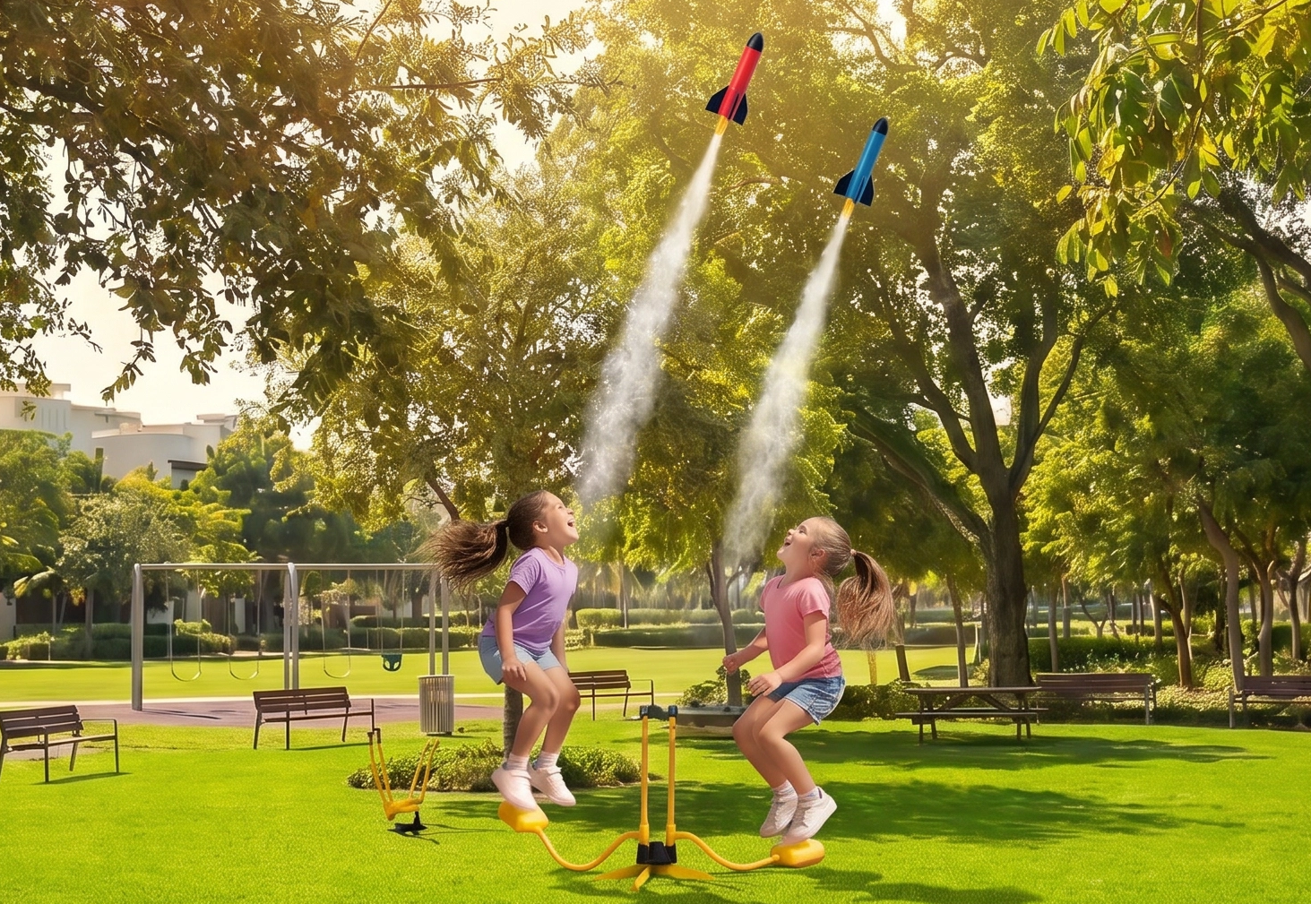Two children playing with toy rockets in a park on a sunny day.