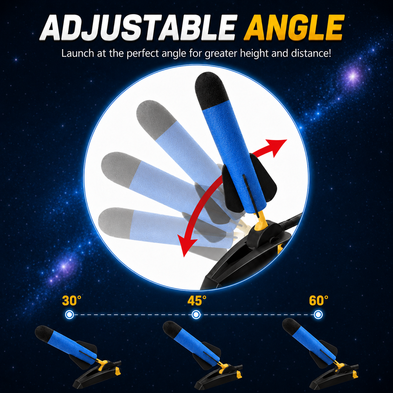 Adjustable angle mechanism with launch angles displayed on a space-themed background