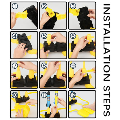 Step-by-step installation guide with hands using a tool on a white background