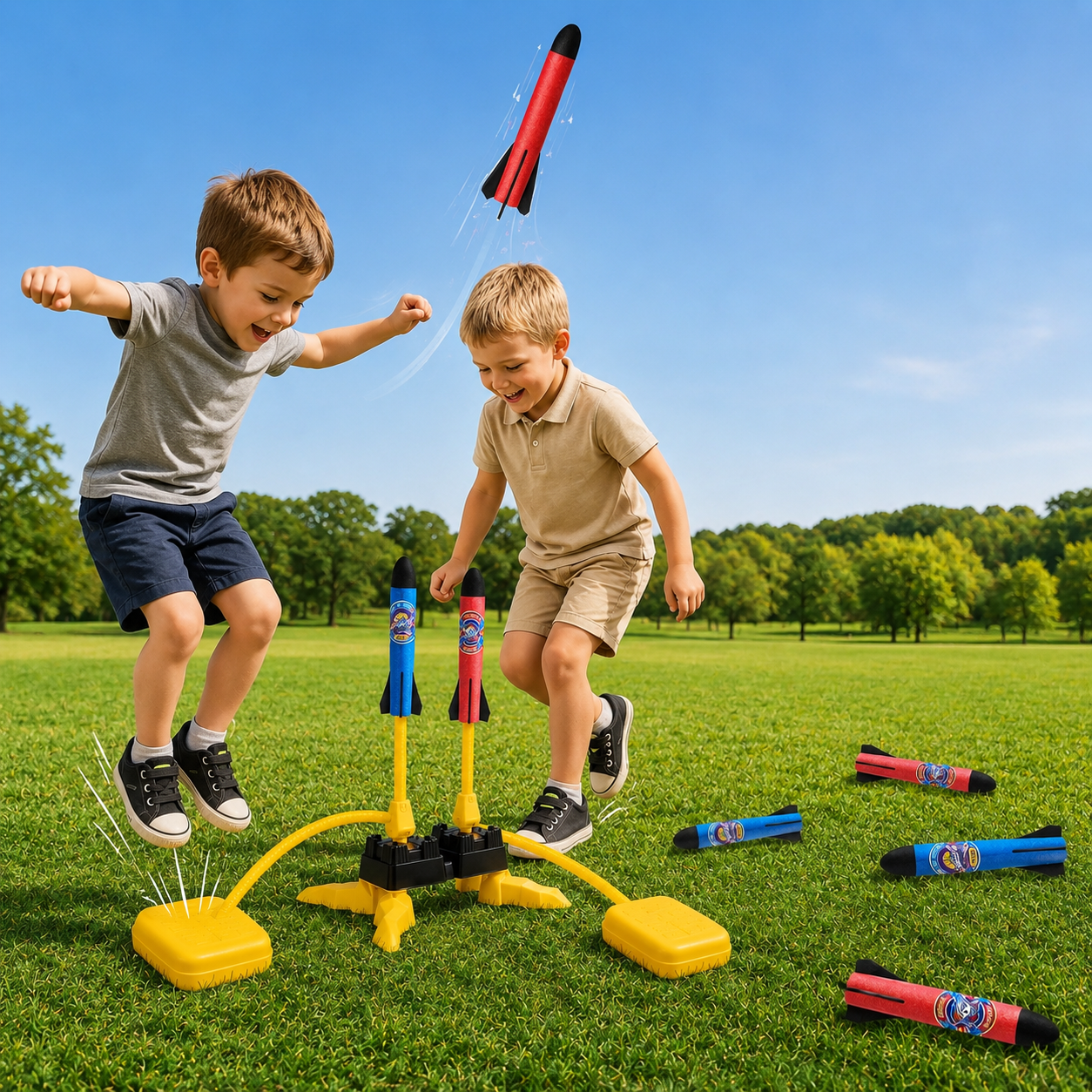 Two children playing with a toy launch set on a grassy field with trees in the background.