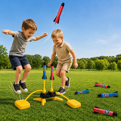 Two children playing with a toy launch set on a grassy field with trees in the background.