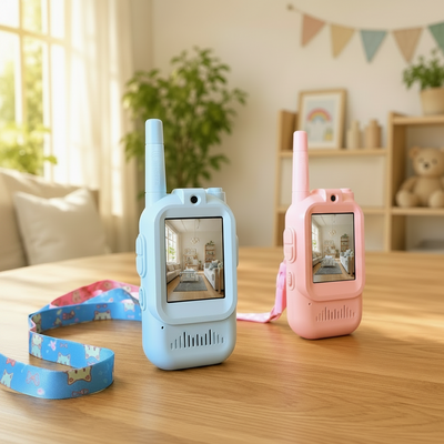 Two children's walkie-talkie style toy radios, one light blue and one pink, standing on a wooden table in a softly lit room. 