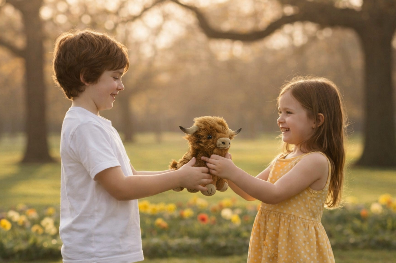 Two children holding a fluffy toy in a park with trees and flowers in the background