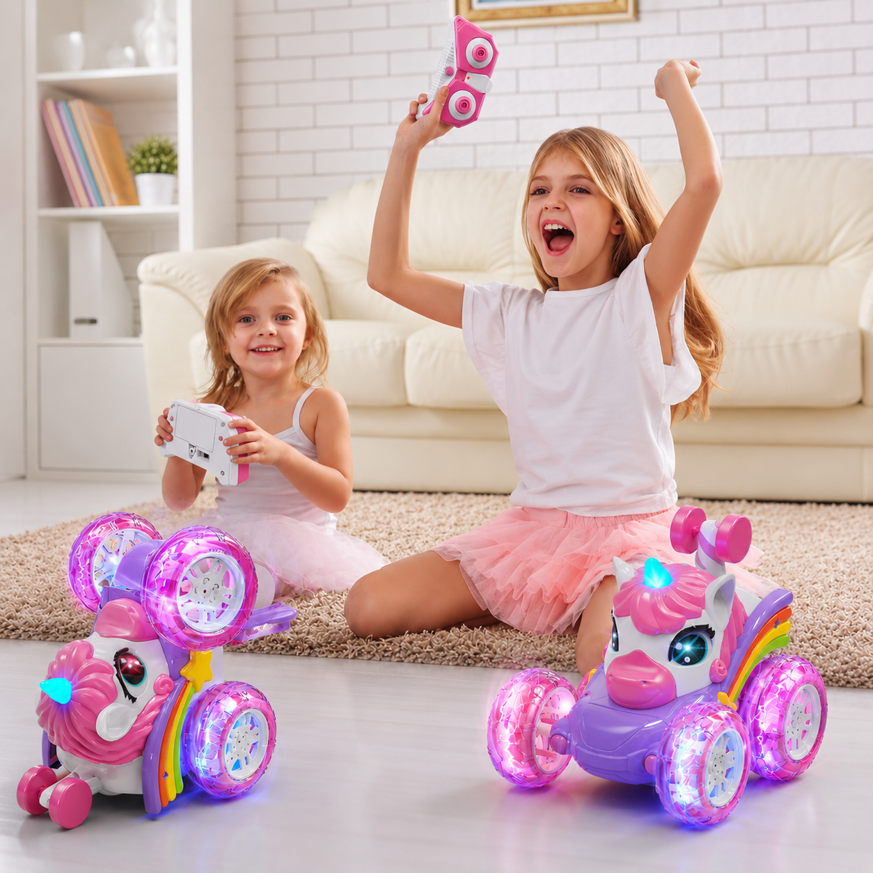 Two girls playing with BUBINNA UniStunt unicorn RC stunt car indoors on carpet with remote control
