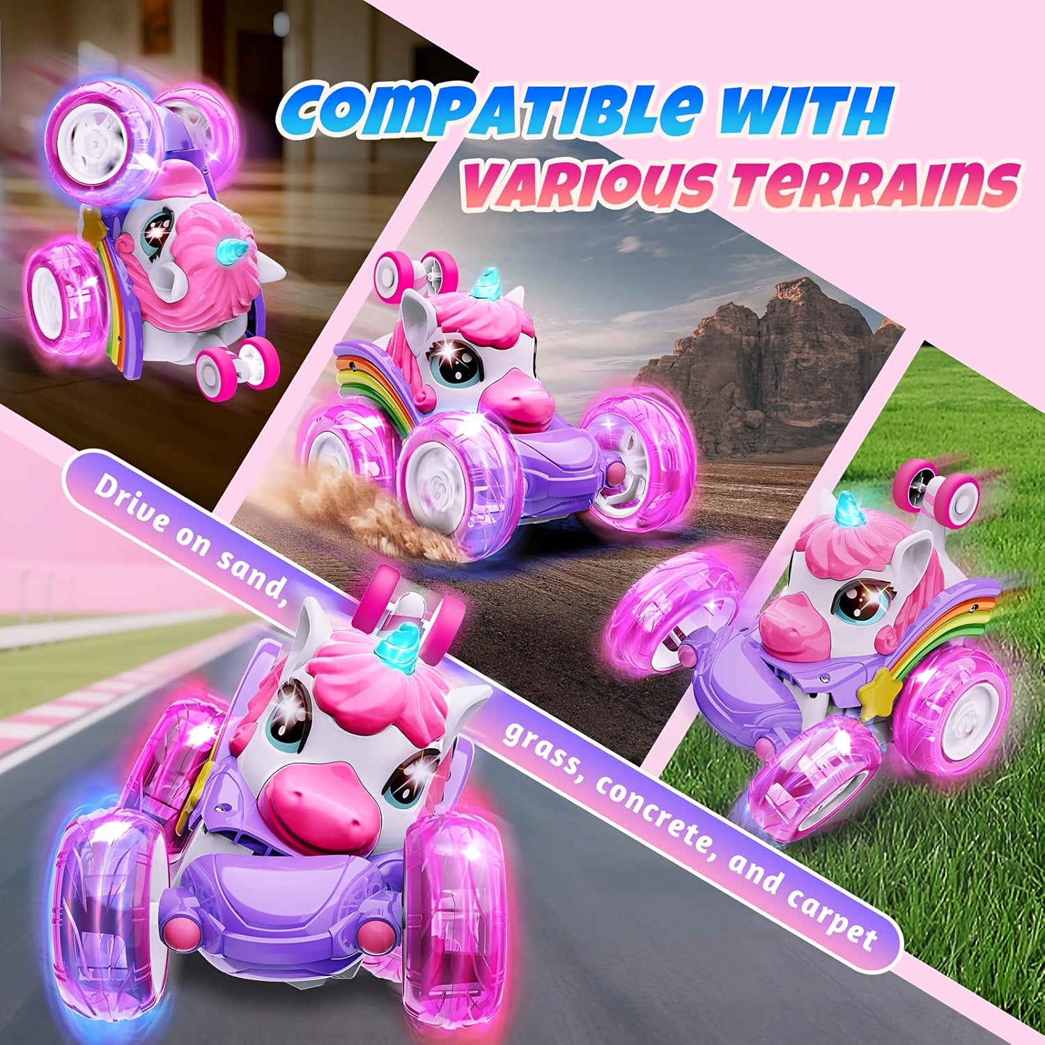 BUBINNA UniStunt unicorn stunt car with 2.4GHz wireless remote control and USB charging cable included