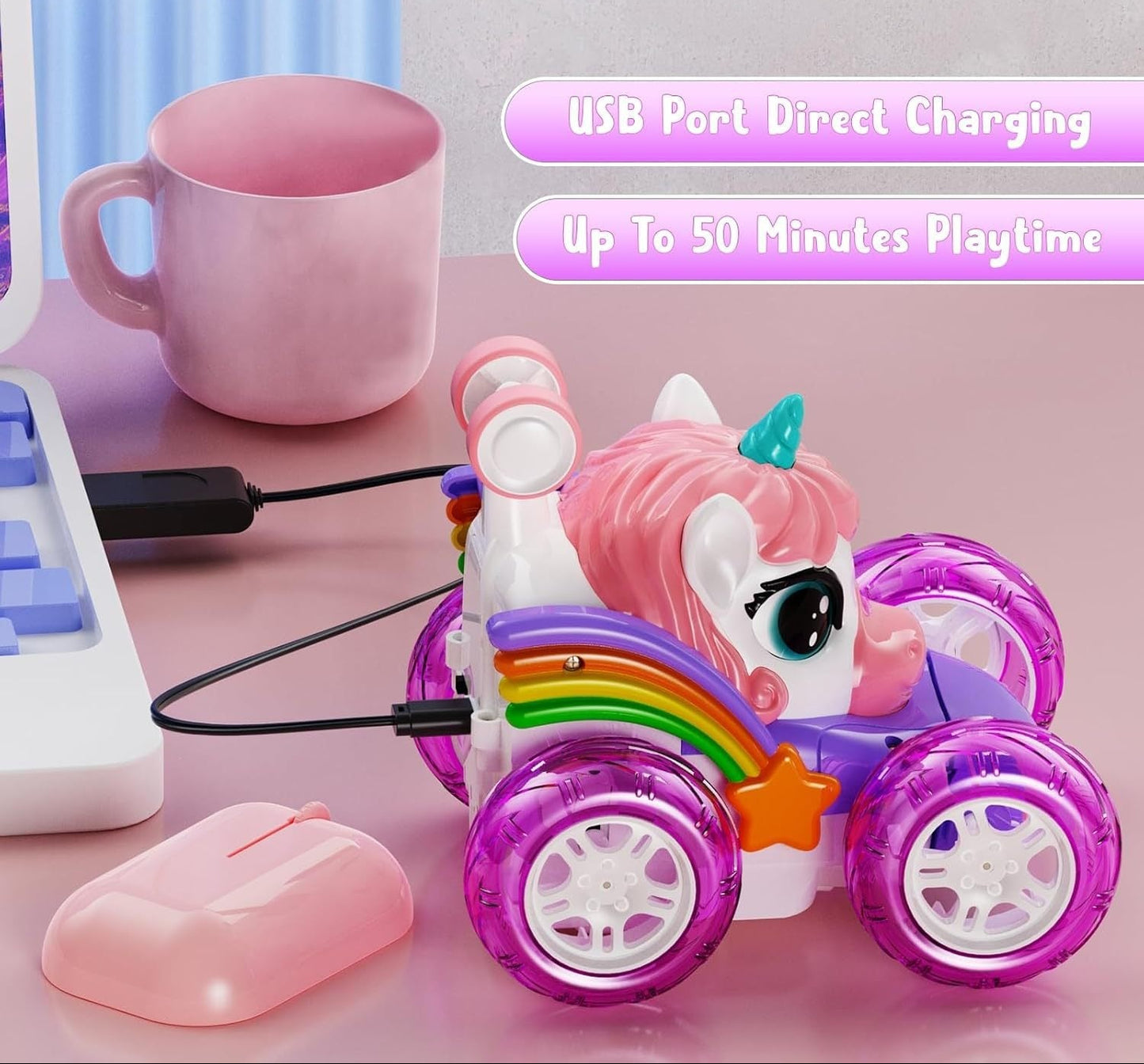 Unicorn toy car with charging cable on a pink surface, featuring text about USB charging.