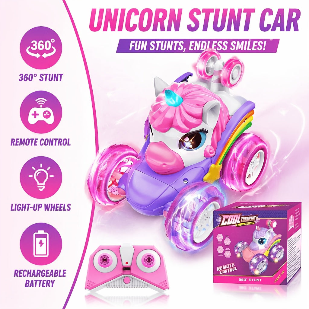 UniStunt unicorn RC car 360 degree automatic spinning stunt mode with LED light up wheels and body