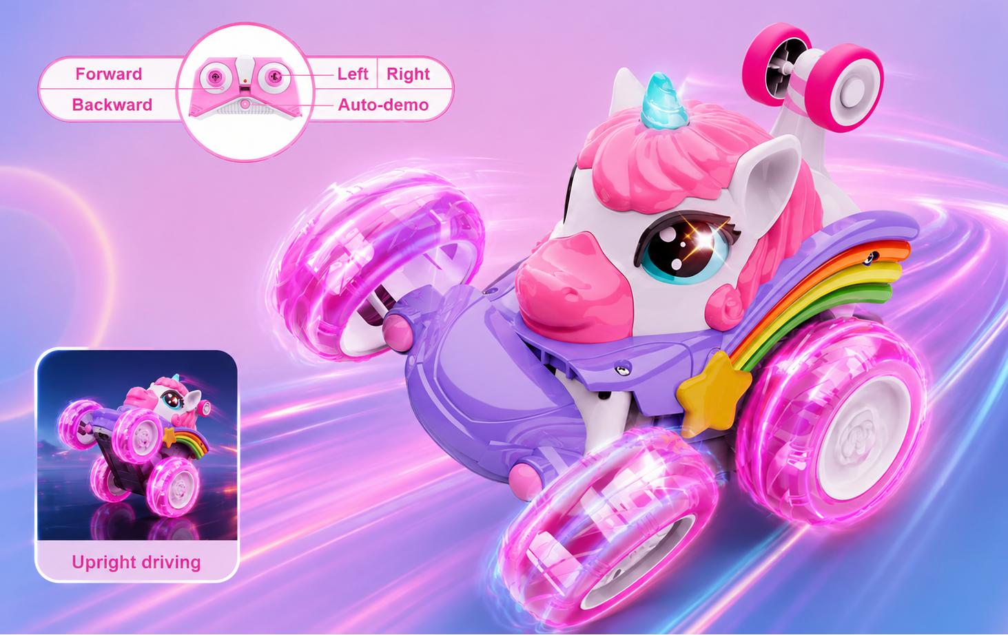 Toy unicorn with car wheels on a colorful background