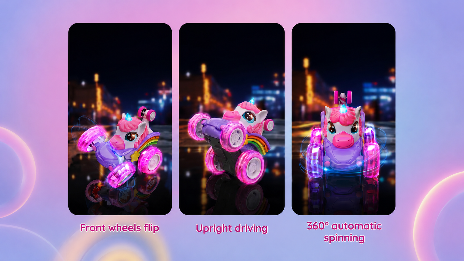 Three views of a toy unicorn with lights and wheels on a blurred cityscape background.