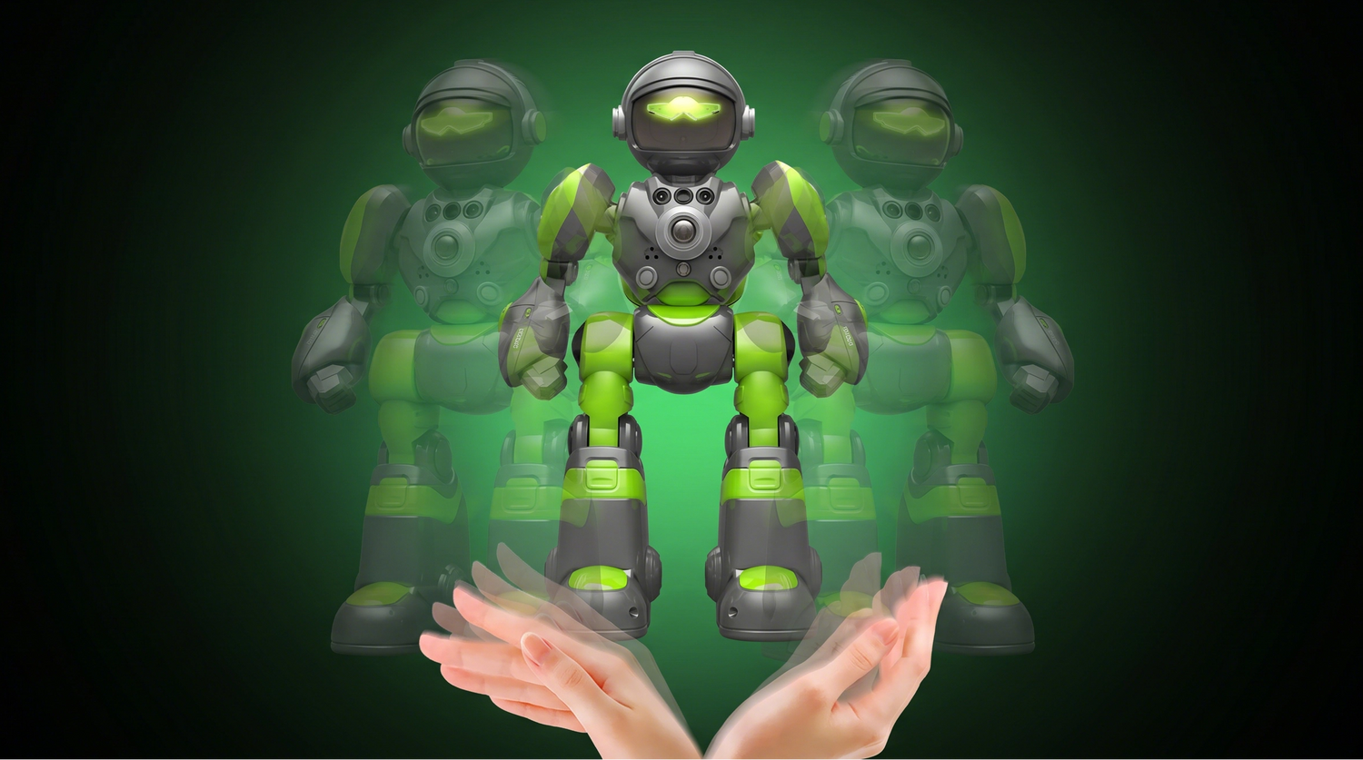 Toy robot with glowing green eyes on a dark background, perfect birthday gift