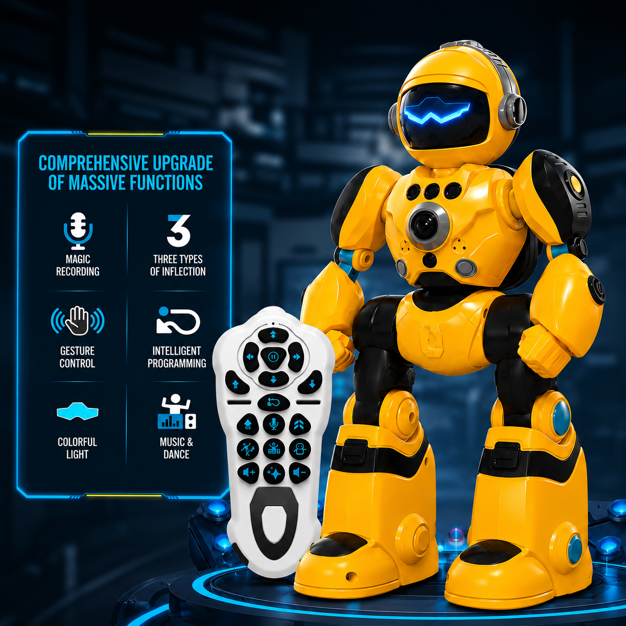Yellow robot  toy with remote control on a dark background