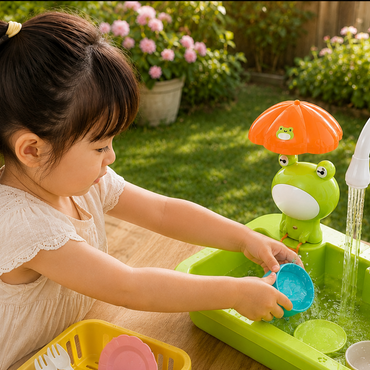 A young child washing dishes at a green plastic sink toy outdoors on a wooden table, with a grassy garden background.