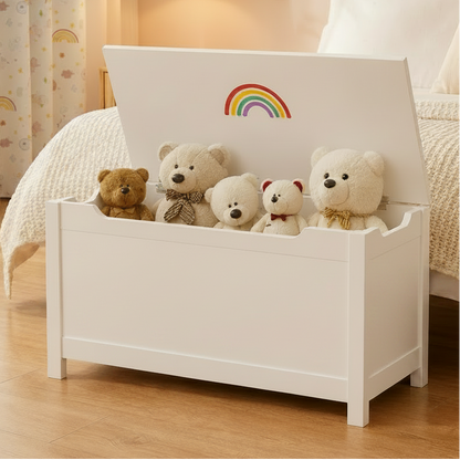White Kids Toy Box with Safety Hinged Lid | Wooden Toy Chest Storage Bench for Toddlers | MDF Children's Playroom Organizer-2