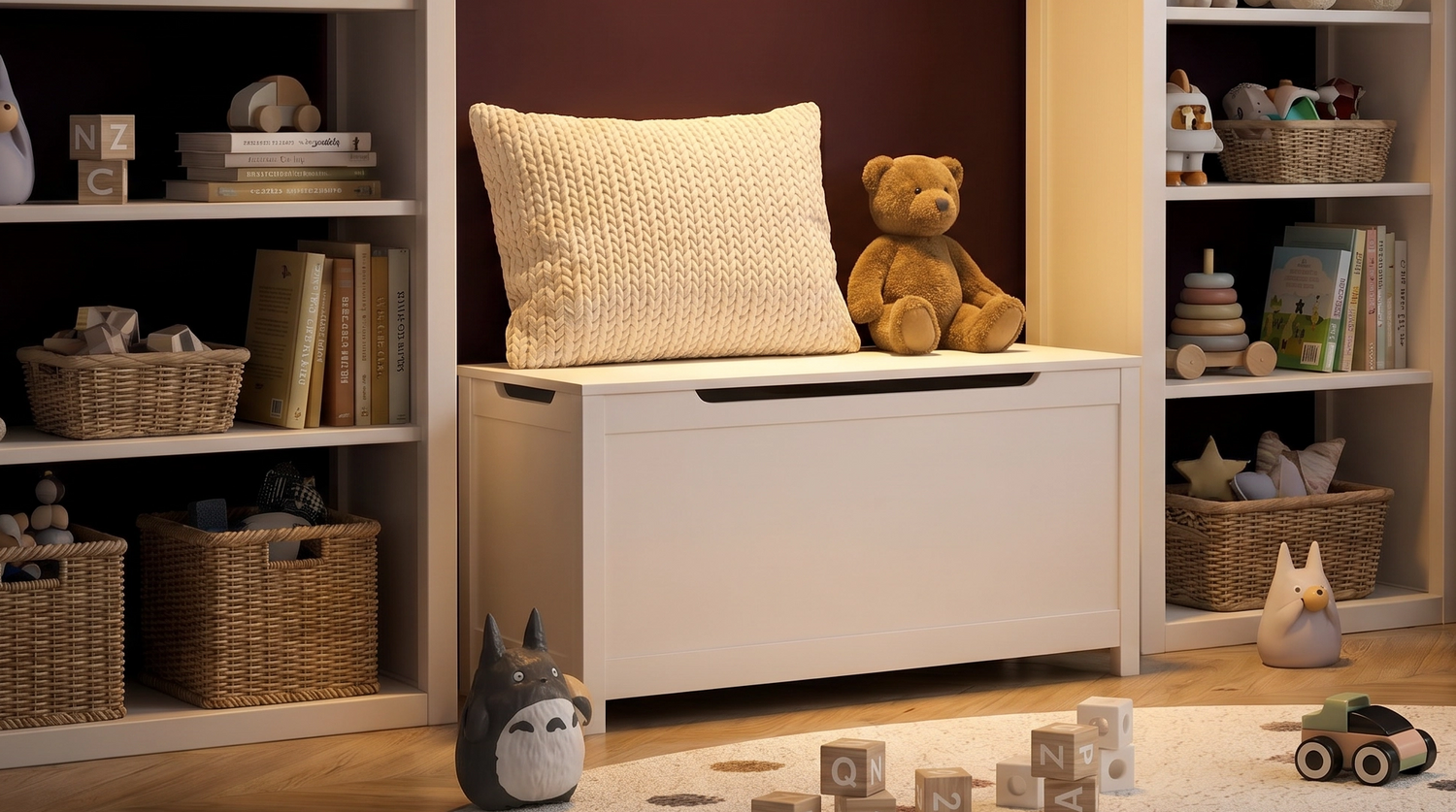 White Kids Toy Box with Safety Hinged Lid | Wooden Toy Chest Storage Bench for Toddlers | MDF Children's Playroom Organizer-3