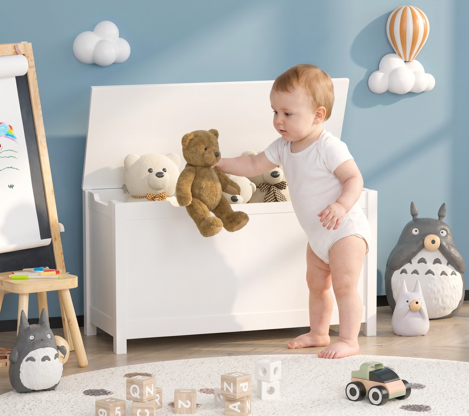 White Kids Toy Box with Safety Hinged Lid | Wooden Toy Chest Storage Bench for Toddlers | MDF Children's Playroom Organizer-5