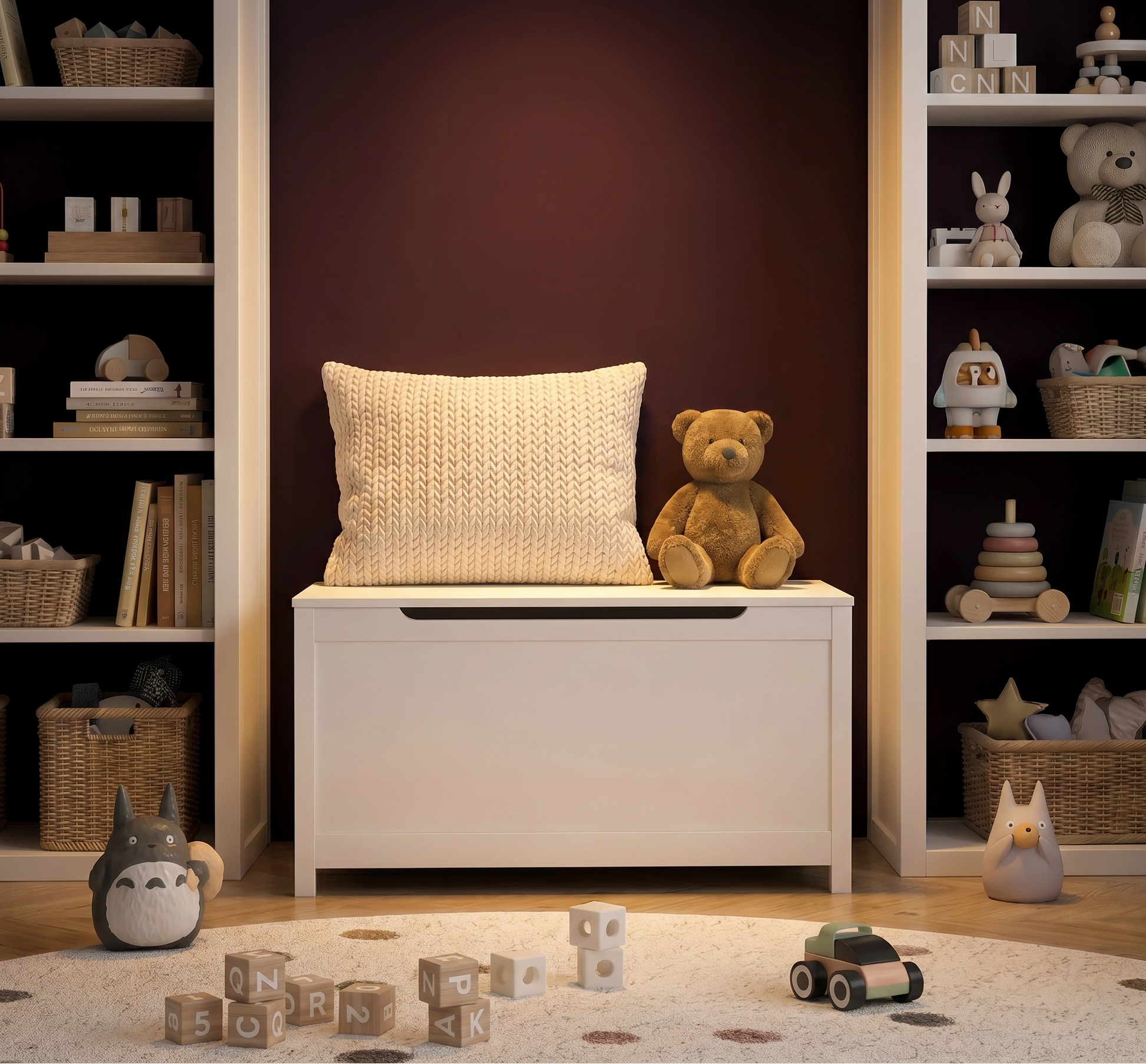 White storage  toys bench with a pillow and teddy bear in a room with shelves and toys.