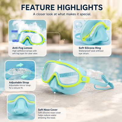 A light blue and lime green children's swim goggles 