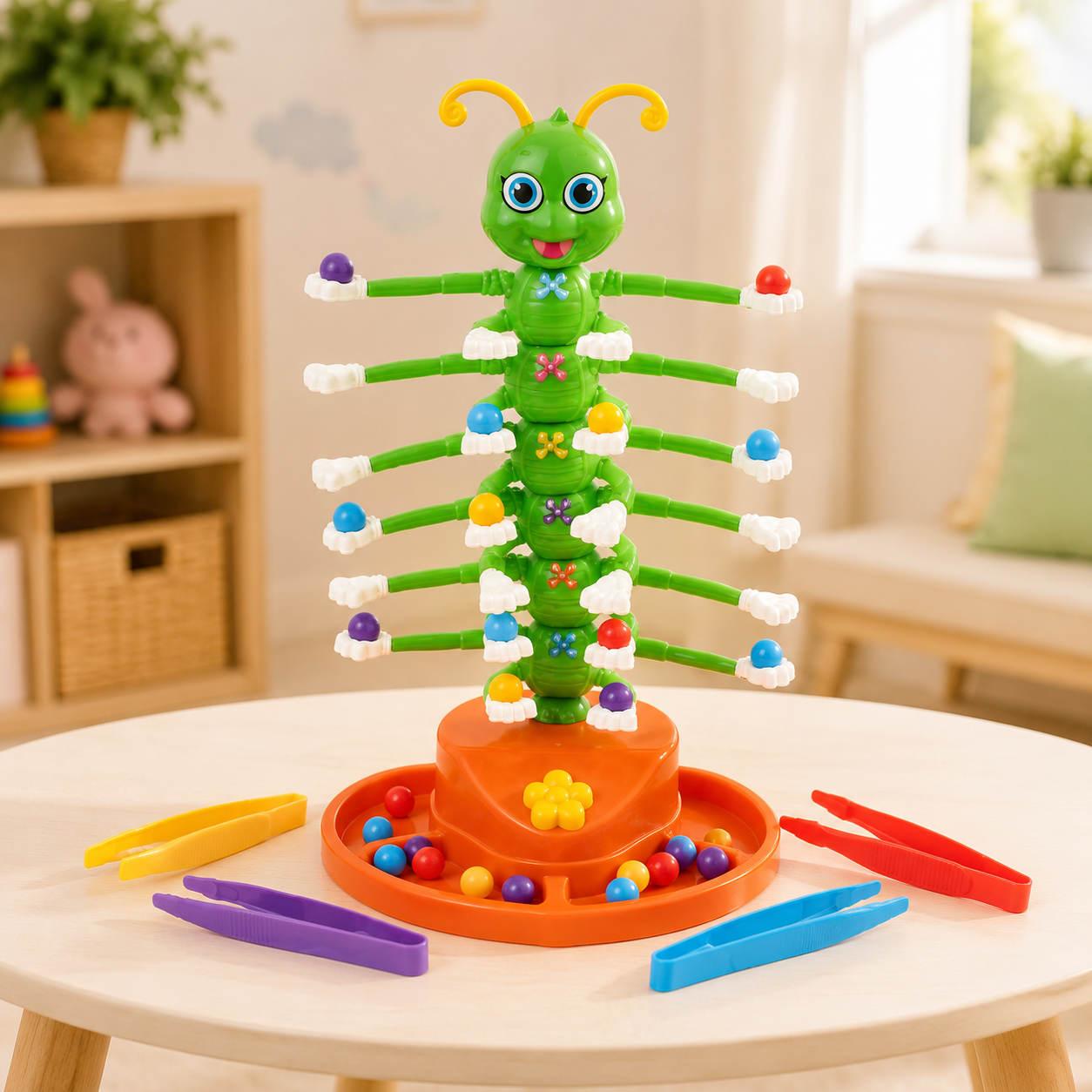 A colorful children's toy game featuring a green caterpillar-shaped sorting board on an orange base, with multiple arms holding small round pieces and several plastic tweezers placed on a light wood table in a bright room.