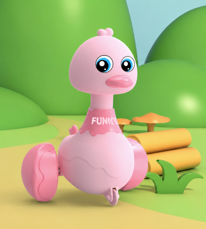 Pink toy duck with 'FUNNY' text on a cartoon-style landscape, babies crawling, encouraging toy