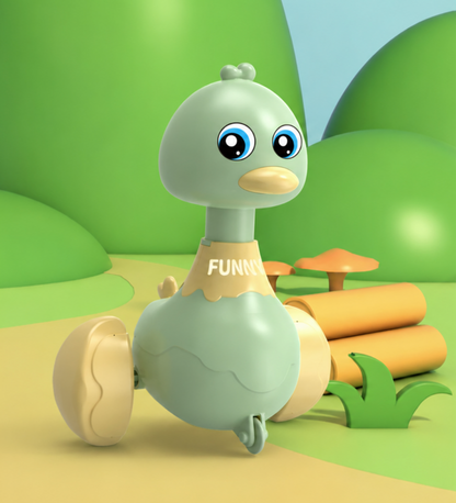 Toy duck with a yellow shirt labeled 'FUNNY' in a colorful,babies crawling and first steps encouraging toy