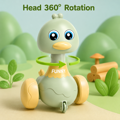 Toy duck with 360-degree head rotation on a green landscape background