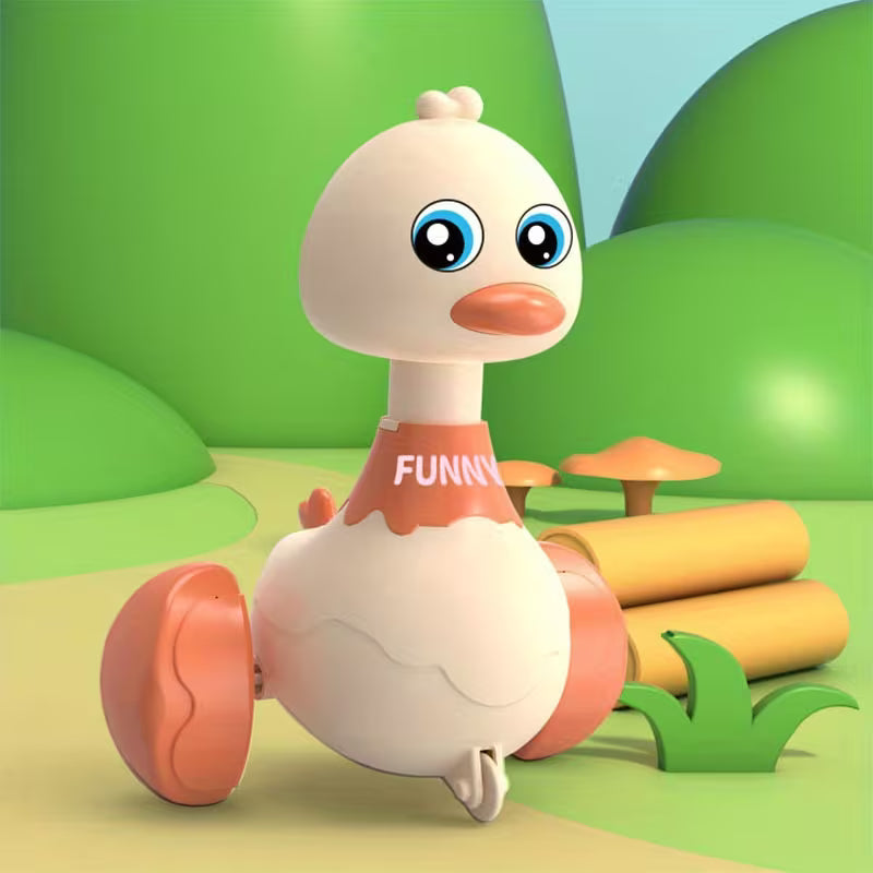 Toy duck with wheels on a colorful, cartoon-like background