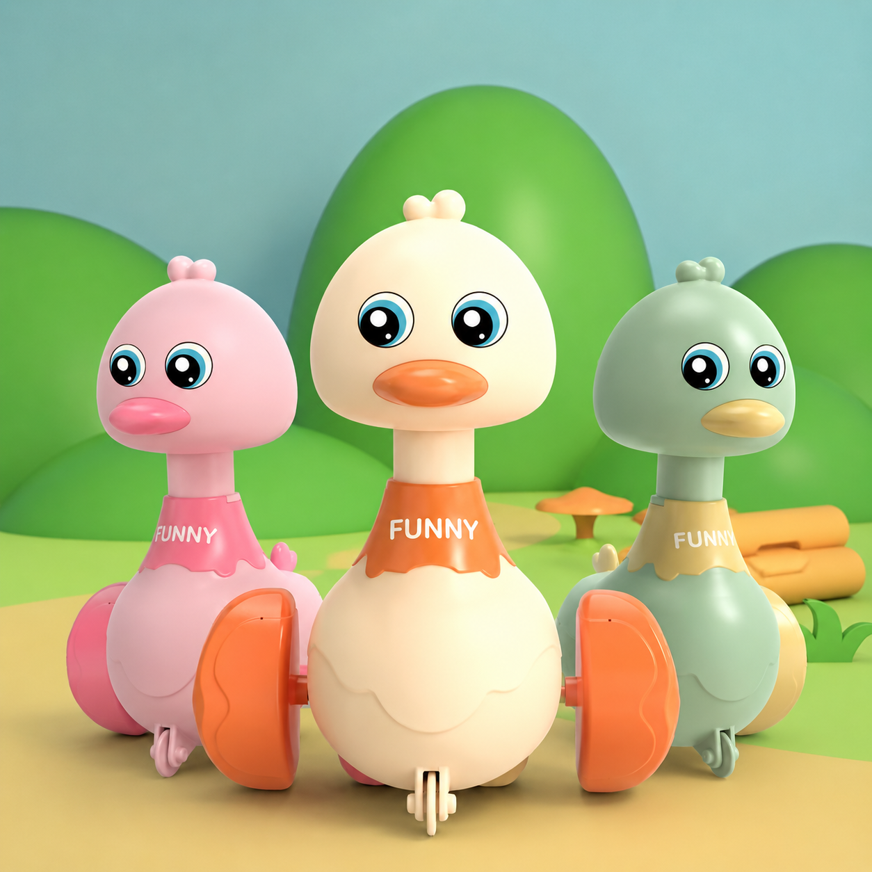Three colorful duck-shaped toys with wheels , an infant's fun toy for crawling