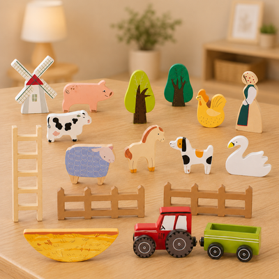 Set of wooden farm toys including animals, a windmill, and a tractor on a wooden surface.