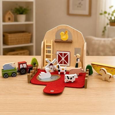 Wooden toy farm set with animals and vehicles on a wooden table.