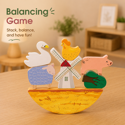 Balancing game with farm animal figures on a wooden surface