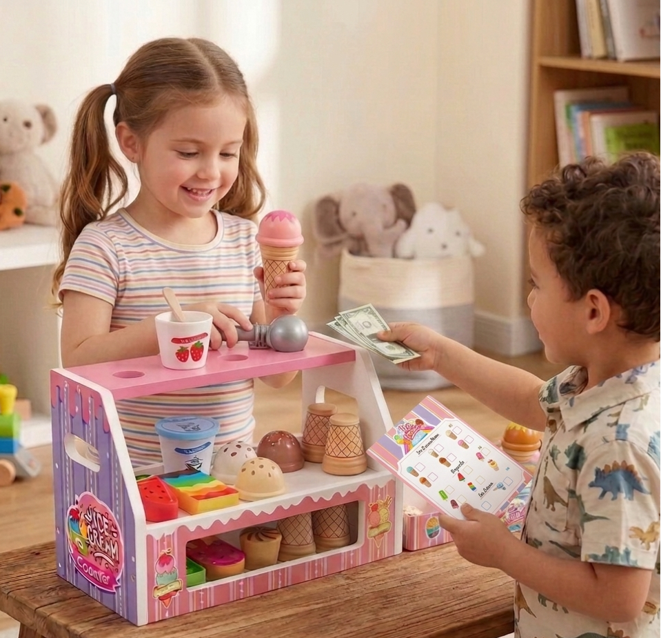 Two children playing with a toy ice cream shop set on a wooden table - perfect birthday gift.
