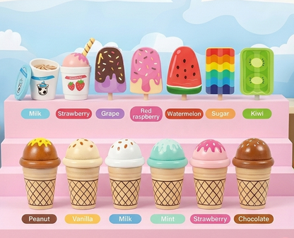 Set of toy ice cream cones and popsicles with colorful labels on a pink stand against a blue sky background.