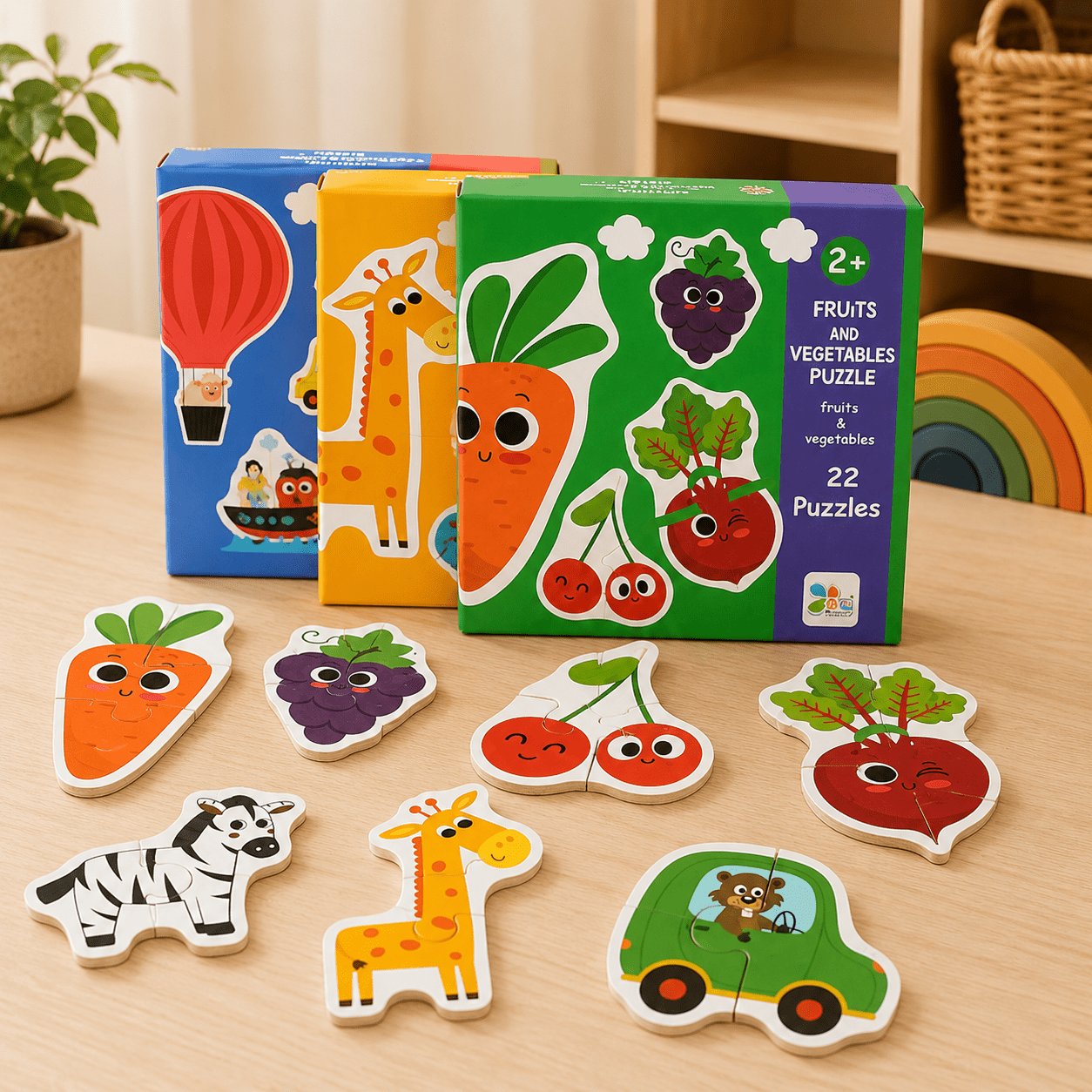 A children's wooden puzzle set displayed on a light wood table, with three colorful boxes behind loose puzzle pieces. The boxes show cartoon animals and fruits, and the loose pieces include a zebra, giraffe, carrot, grapes, cherries, beet, and a green car.