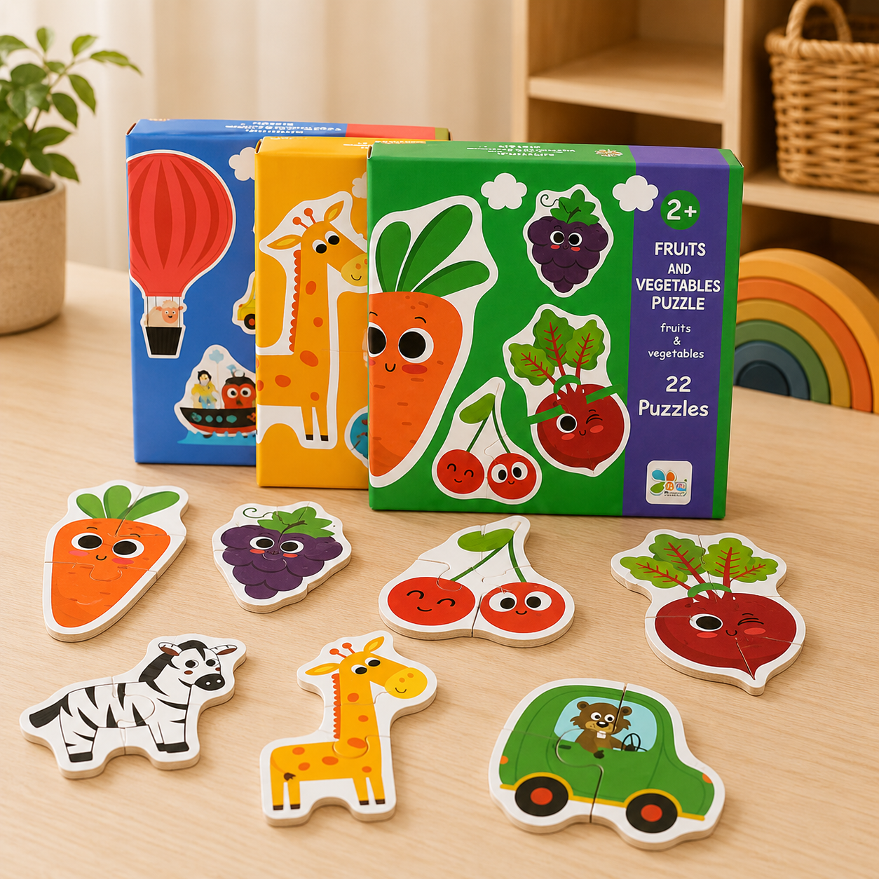 A children's wooden puzzle set displayed on a light wood table, with three colorful boxes behind loose puzzle pieces. The boxes show cartoon animals and fruits, and the loose pieces include a zebra, giraffe, carrot, grapes, cherries, beet, and a green car.