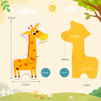 A giraffe-shaped wooden puzzle shown in front and back views on a light cream background with simple cartoon scenery. The front side shows a full-color giraffe illustration with measurement markers 