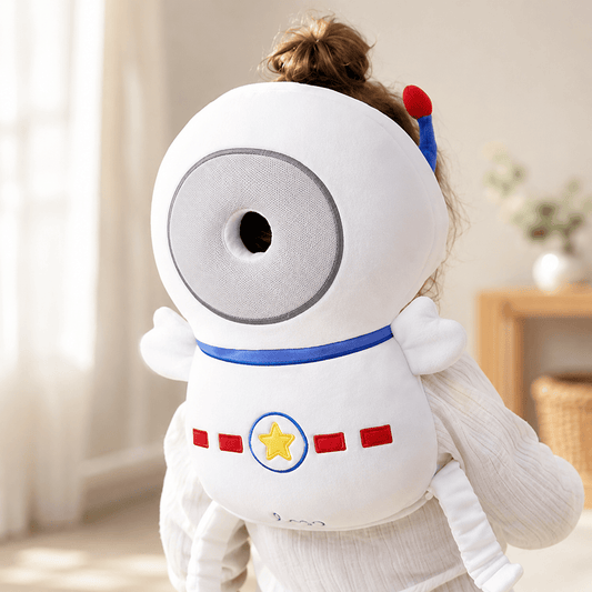 Anti-fall safety pillow baby head and back protector, astronaut design, close-up back view