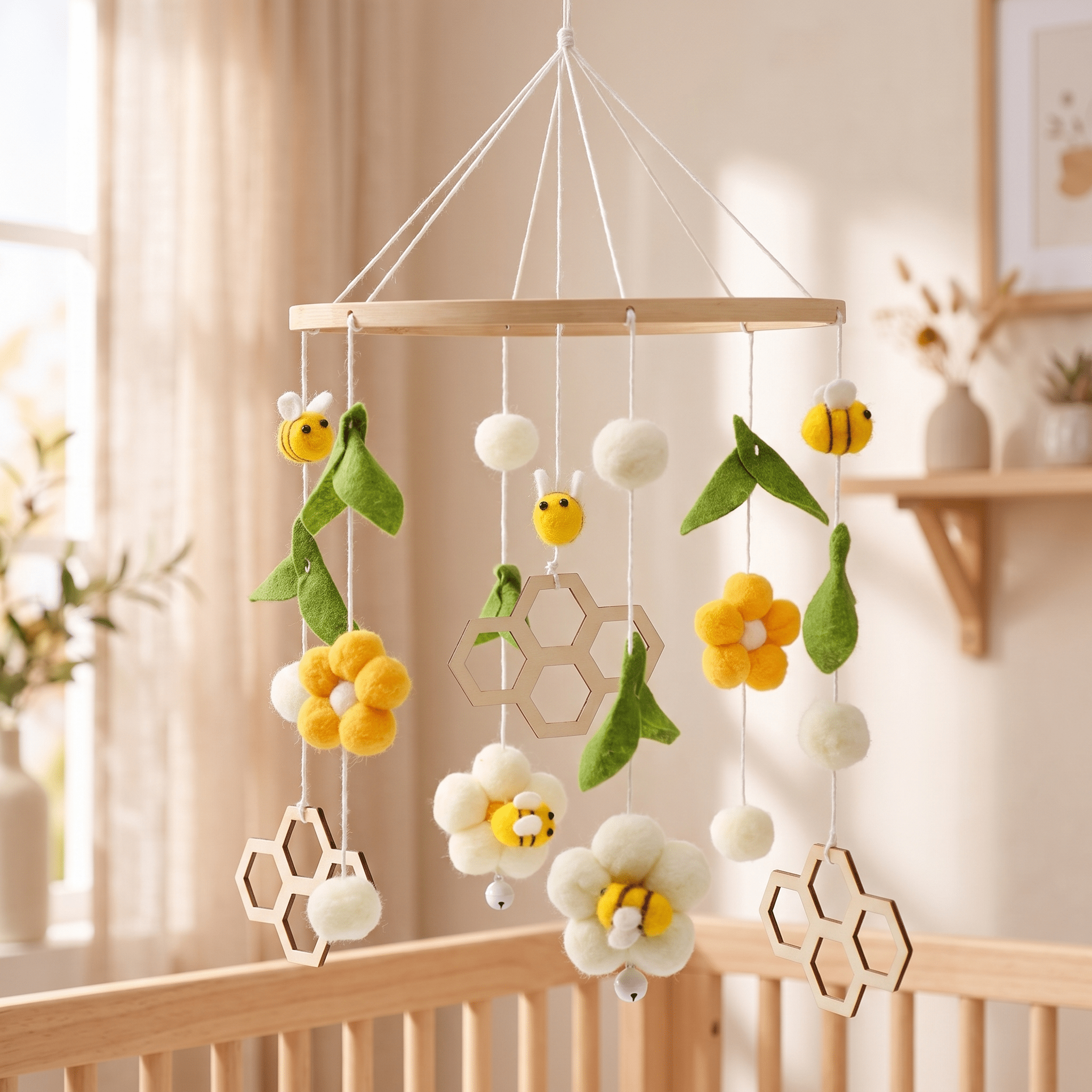 Honey Bee baby mobile with bees, wooden honeycomb, and daisies - nursery decor ideas
