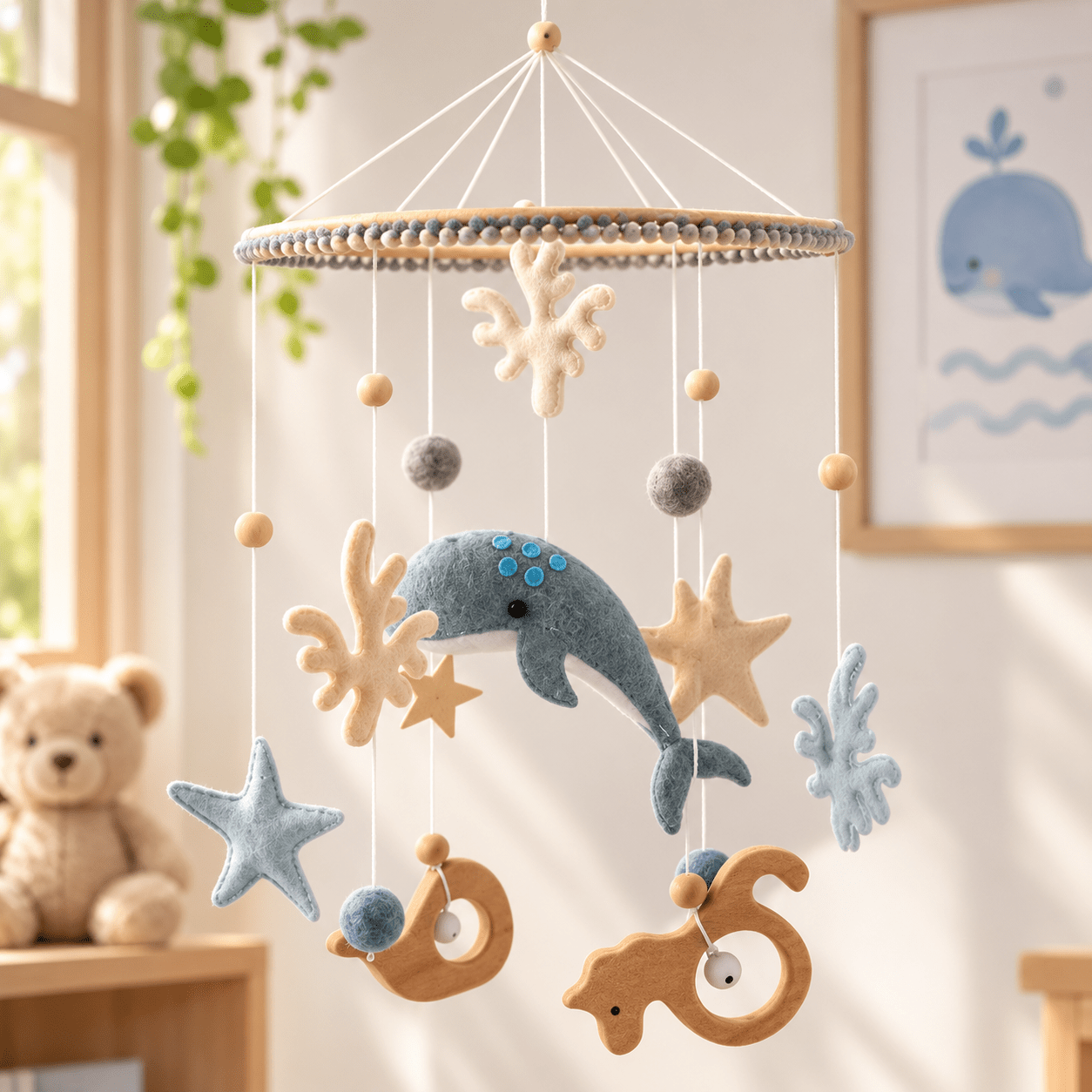Ocean design baby mobile with dolphin, whale, starfish, and coral - wooden mobile for babies